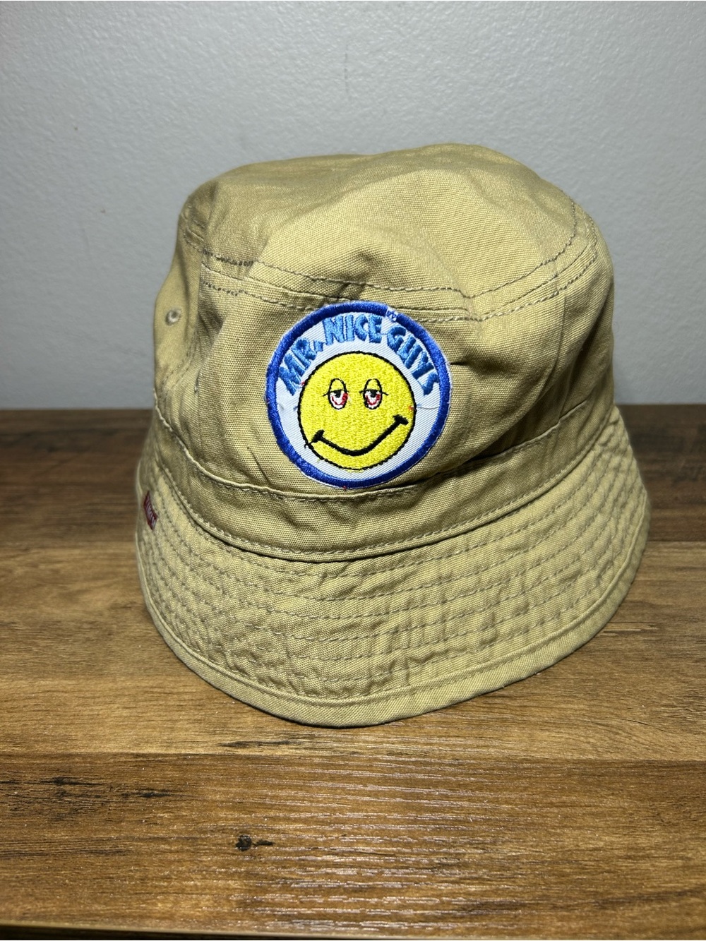 Khaki Bucket Hat with Smiley Patch